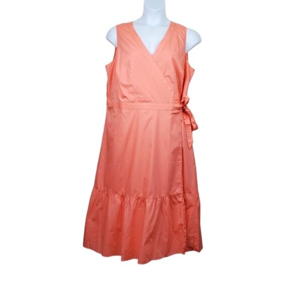 Talbots Sleeveless Peachy Orange V-Neck Poplin Wrap Midi Dress Size 18 NWT - Picture 1 of 6